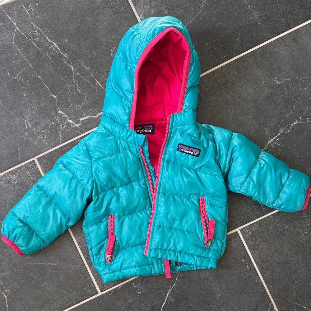 Patagonia Teal Jacket with Hot Pink Trim - Kids Hooded Puffer